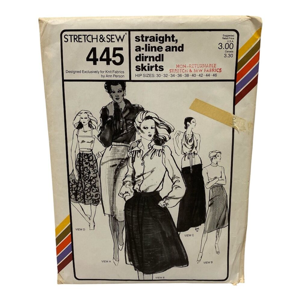 1979 Stretch and Sew Straight A-Line Dirndl Skirt Design Patterns by Ann Person